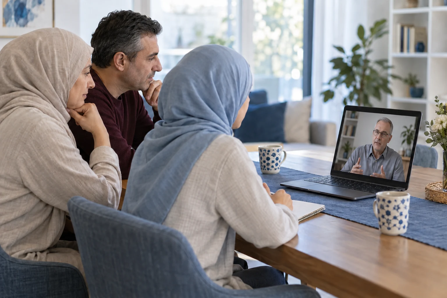 Anne, baba ve ergen kızın gözlüklü sakalsız erkek uzmanla görüntülü online aile görüşmesi