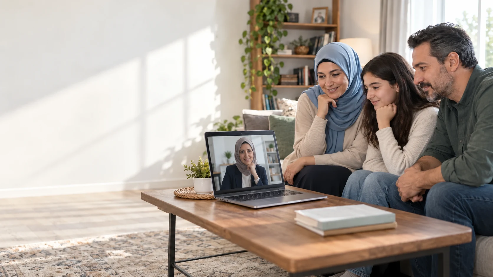 Anne, baba ve ergen kızın ekrandaki başörtülü kadın uzmanla Türkçe görüntülü online aile görüşmesi