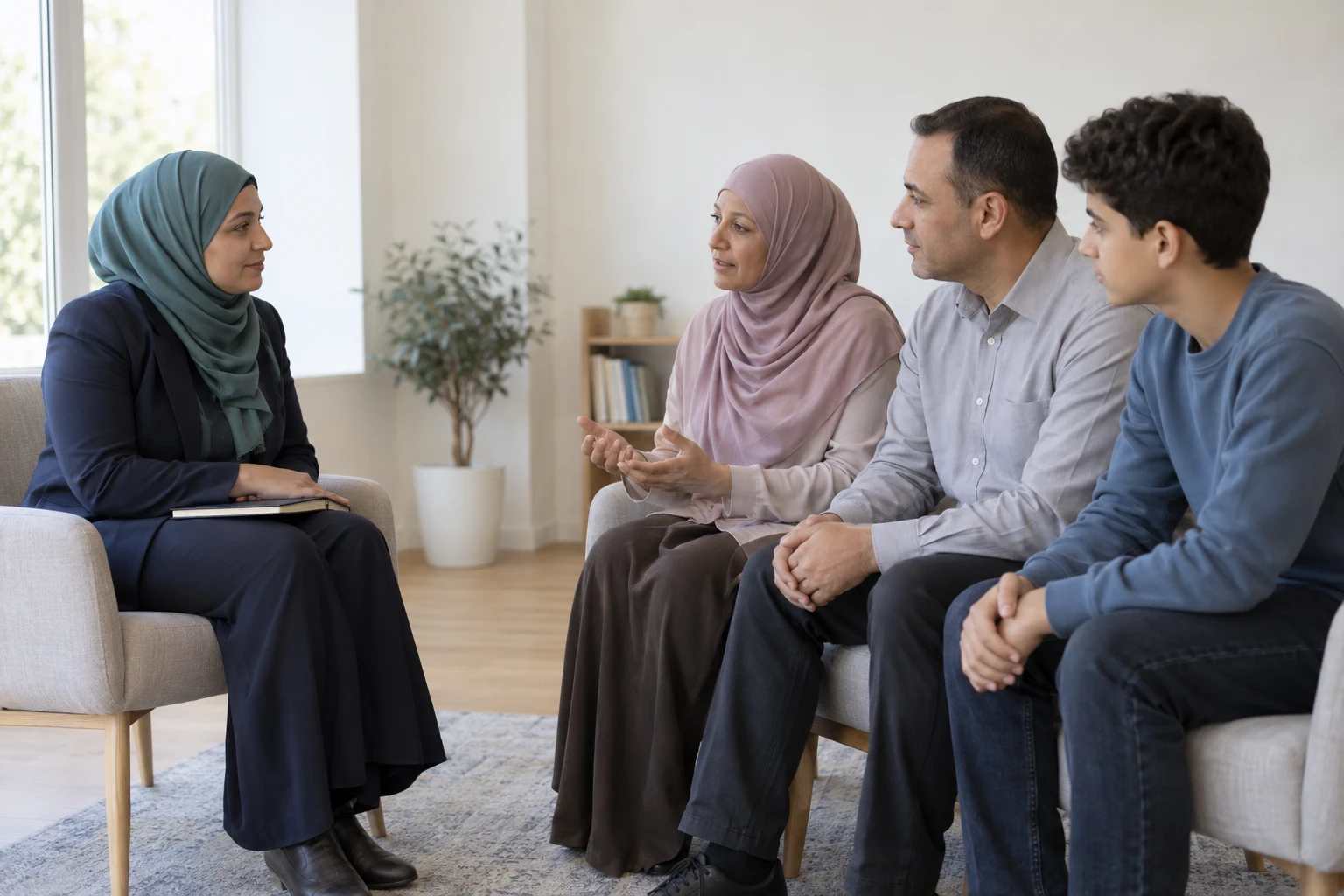 Başörtülü kadın uzmanla karşılıklı oturan anne, baba ve ergen oğlun yüz yüze aile görüşmesi